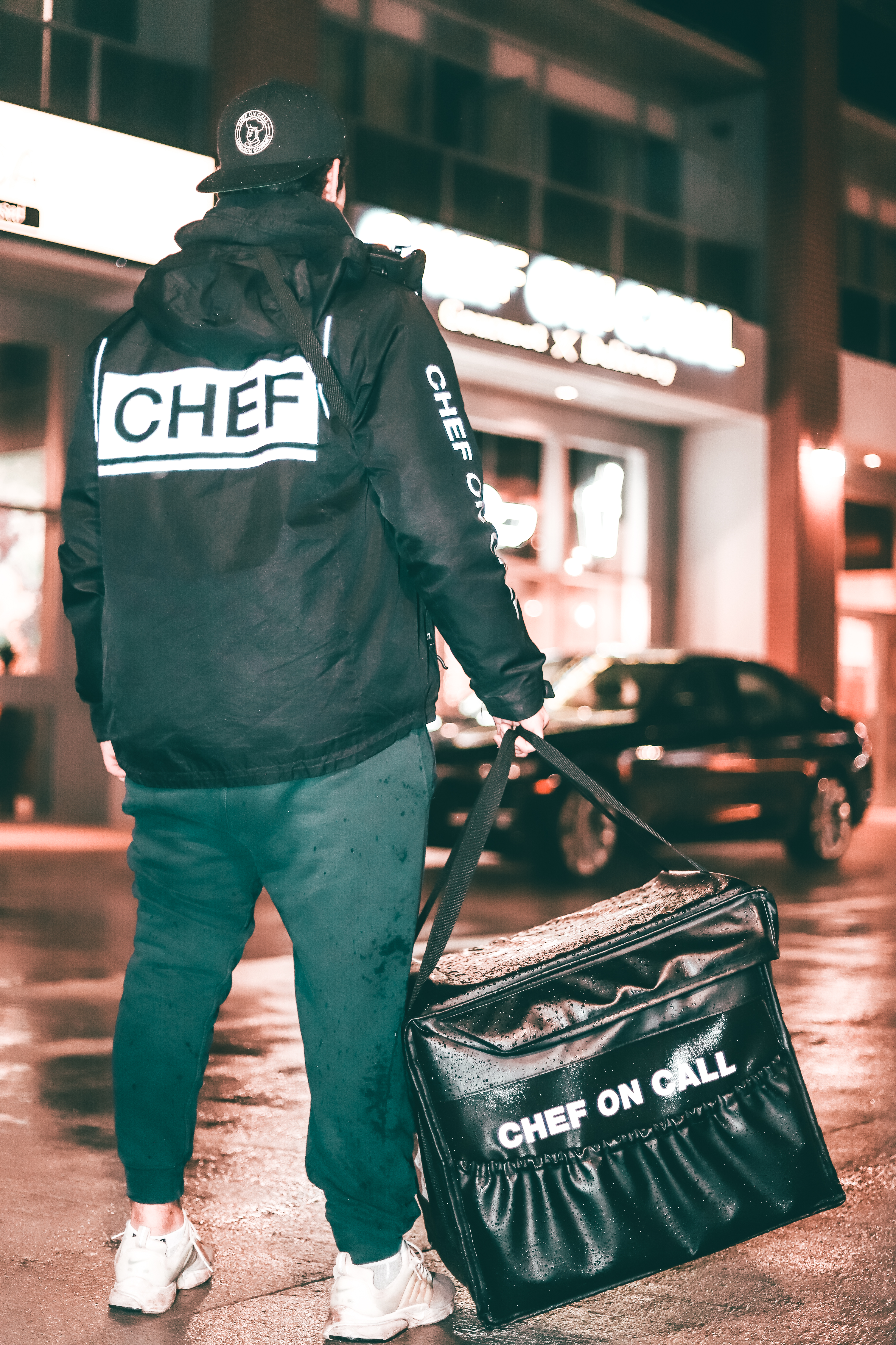 Chef On Call delivery driver outside the restaurant at night